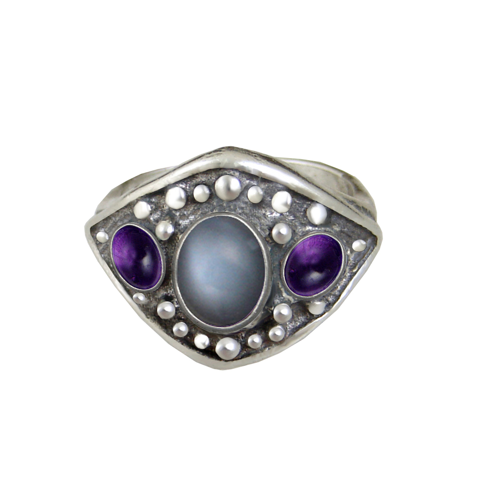 Sterling Silver Medieval Lady's Ring with Grey Moonstone And Amethyst Size 9